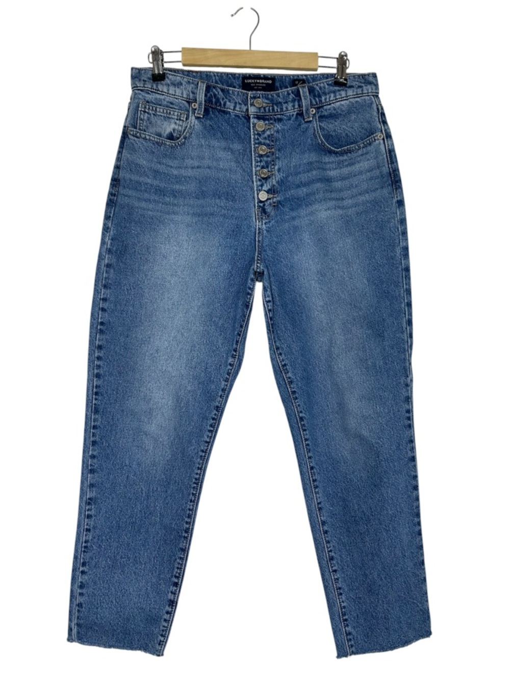 Lucky Brand Cotton Mid Wash Buttons Raw hem High Rise Mom Drew Jeans 12/31 Ankle